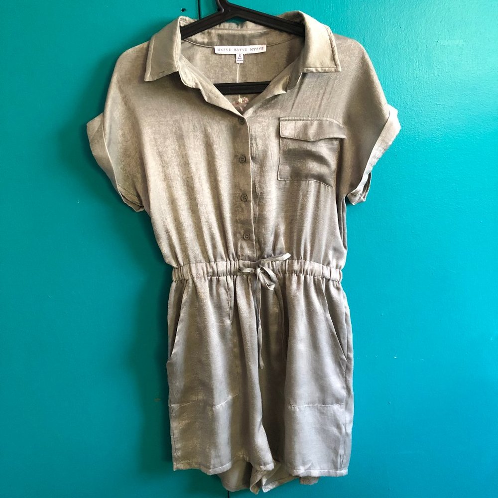 Sage green satin button front romper with pockets